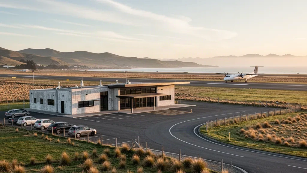 Petit terminal d'un seul niveau et tarmac calme à l'aéroport d'Oamaru dans le North Otago, Nouvelle-Zélande, sous une douce lumière matinale
