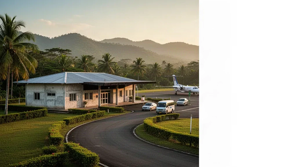 Low-rise tropical terminal and apron of El Arrayán Airport in Olanchito, Honduras, framed by palms and distant green hills at golden hour.