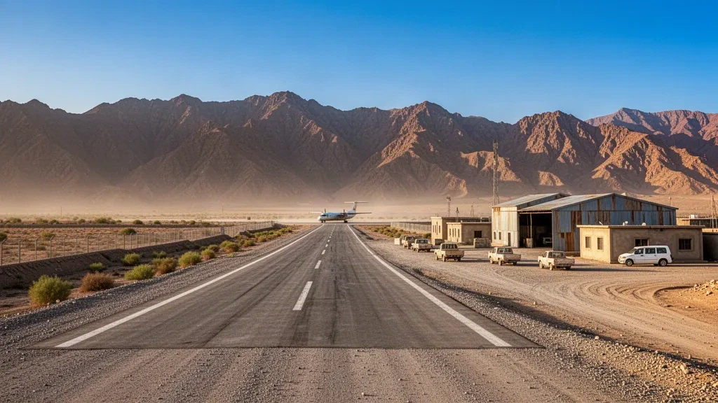 Remote desert airstrip near Sharana in Paktika Province, Afghanistan, with a paved runway, low terminal buildings and dry mountains at golden hour
