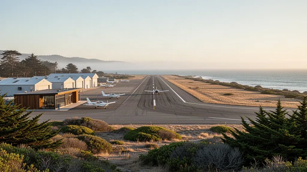 Marina Municipal Airport runway and hangars on California's Central Coast at golden hour