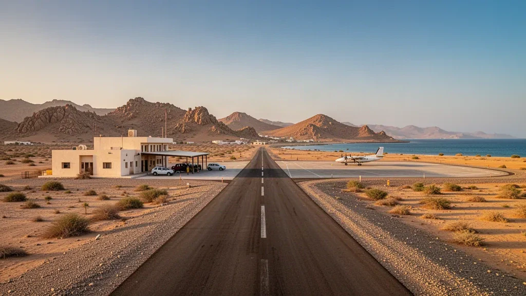 Small desert runway and low terminal at Obock Airport in Djibouti beside the calm Gulf of Tadjoura under warm golden-hour light