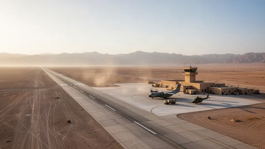 Camp Shorabak Airfield dans le Helmand, en Afghanistan, à l'heure dorée, montrant sa piste désertique, son aire de stationnement et sa tour de contrôle.