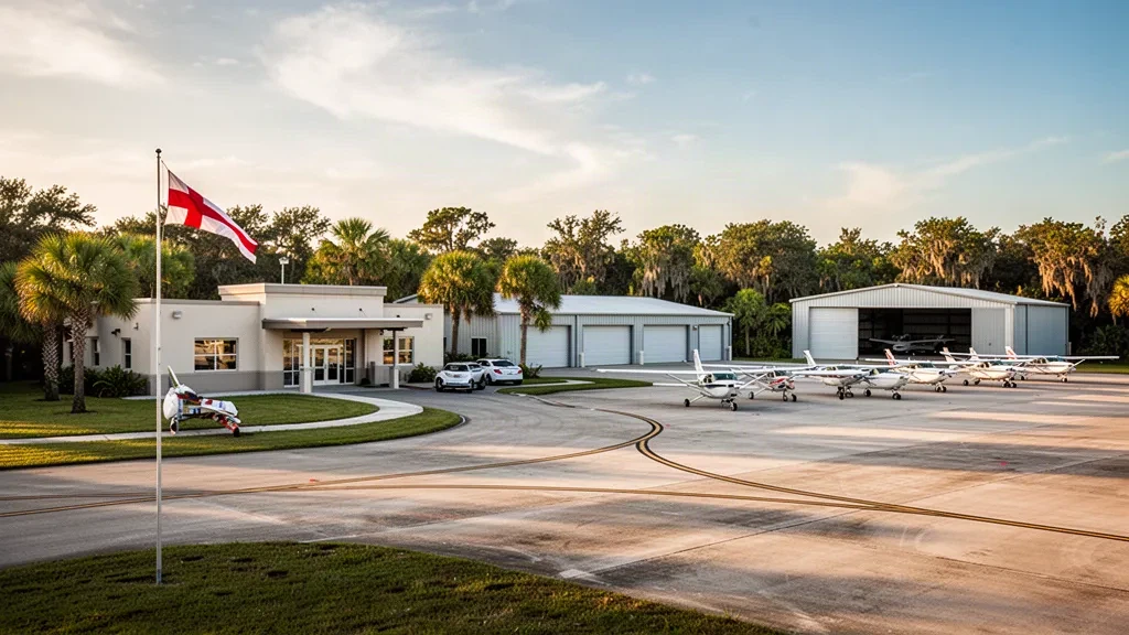 Golden-hour view of Okeechobee County Airport's low terminal, hangars and parked light aircraft on the Florida apron