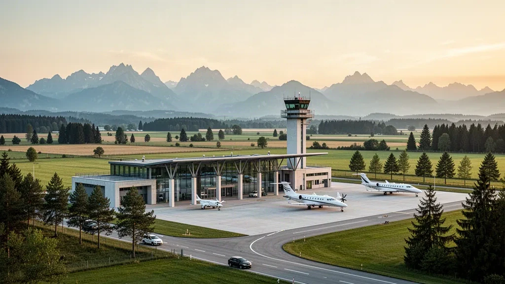 Modernes Glas-Terminal, Kontrollturm und Businessjets auf dem Vorfeld des Flughafens Oberpfaffenhofen bei München, umrahmt von bayerischen Feldern und den Ausläufern der Alpen in der Ferne