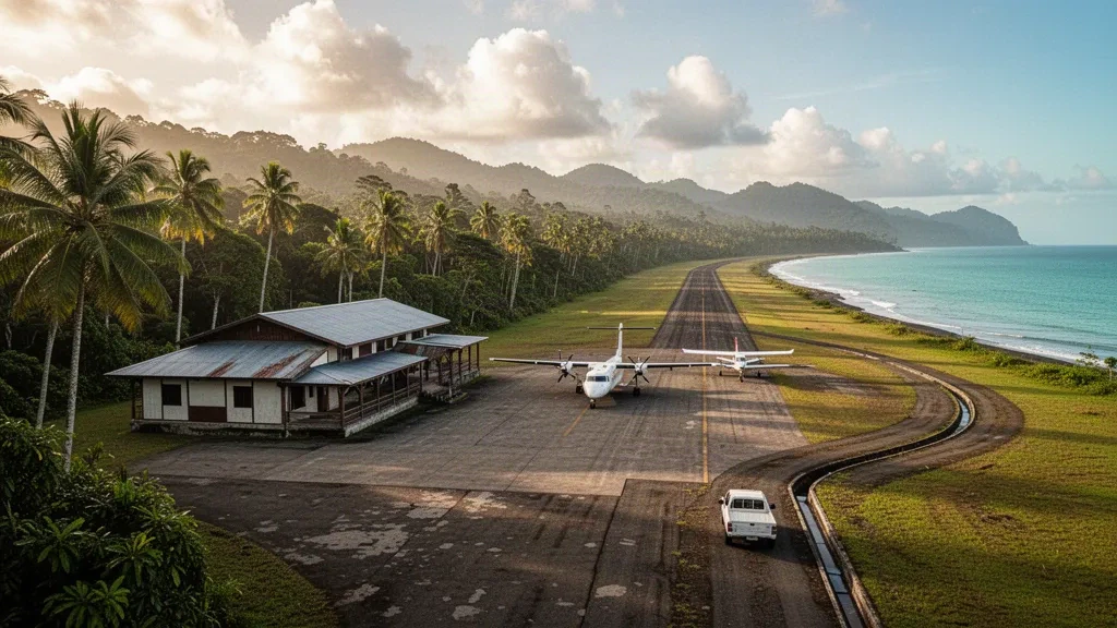 Petite piste tropicale et bâtiment terminal compact à l'aéroport de Morobe en Papouasie-Nouvelle-Guinée, entourés de forêt tropicale et de collines côtières
