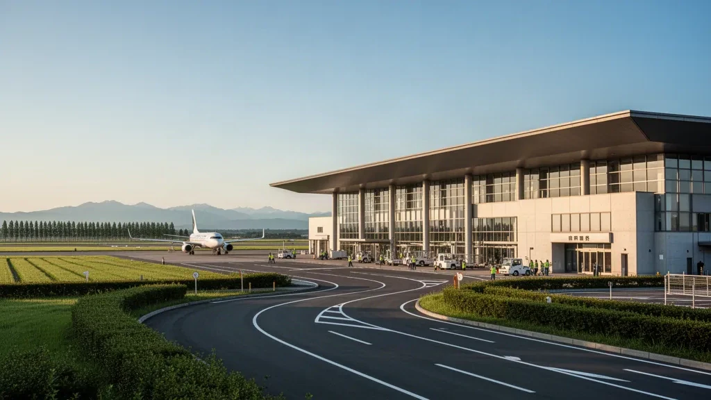 Hokkaido'daki Tokachi-Obihiro Havalimanı'nda sıcak öğleden sonra ışığında tarım arazileri ve uzak dağlarla çevrili modern terminal binasının dış görünümü.