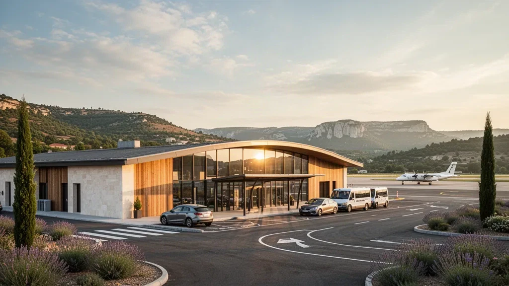 Terminal régional moderne et parvis de l'aéroport d'Aubenas-Ardèche méridionale dans le sud de la France sous une chaude lumière dorée