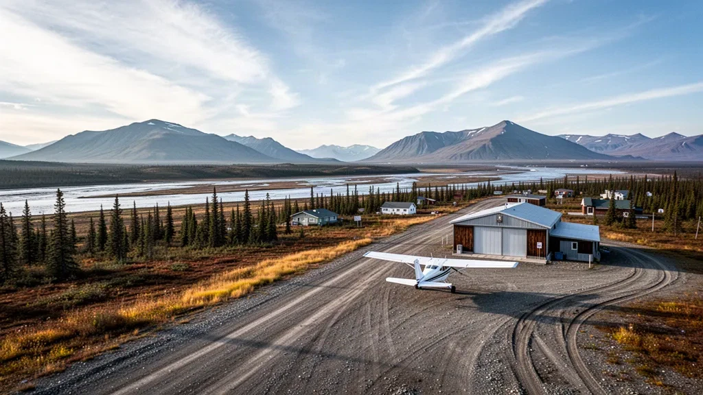 Avioneta en una pista de grava en el Aeropuerto de Kobuk, en el Ártico de Alaska, rodeada de tundra, bosque de abetos y montañas lejanas.