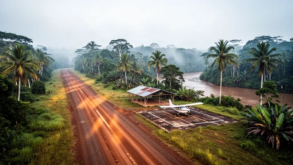 Pista di atterraggio remota in laterite e rifugio nella foresta pluviale che serve l'aeroporto di Obo nella Provincia Occidentale della Papua Nuova Guinea all'alba