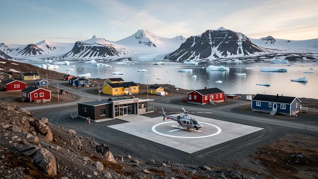 Helipuerto de Ittoqqortoormiit OBY en Groenlandia con un helicóptero, casas coloridas, fiordo y montañas.