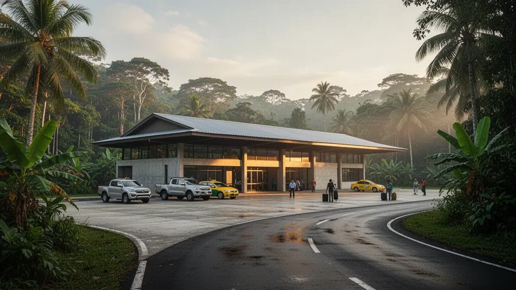 Exterior del moderno terminal del Aeropuerto Francisco de Orellana en Coca, Ecuador, rodeado de vegetación de la selva amazónica bajo una cálida luz dorada