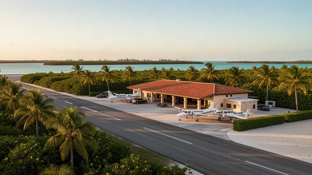 Key Largo, Florida'daki Ocean Reef Club Havalimanı'nda altın saatlerde pistteki küçük uçaklarla tropik özel havaalanı