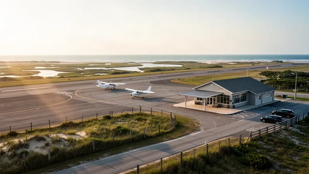 Terminal d'aviation générale côtier, aire de trafic et petits aéronefs à l'aéroport municipal d'Ocean City dans le New Jersey à l'heure dorée