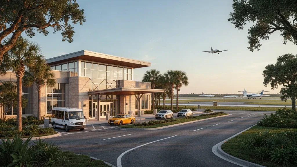 Terminal moderne et voie de dépose à l'aéroport international d'Ocala - Jim Taylor Field dans une lumière chaude de fin de journée, avec des palmiers et un ciel dégagé.