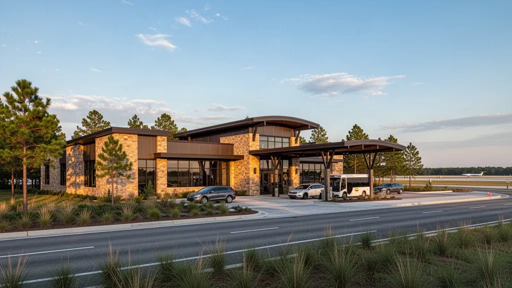 Nacogdoches, Texas'taki A L Mangham Jr. Regional Havalimanı'nda sıcak altın saat güneş ışığıyla aydınlanan modern terminal dış cephesi ve yolcu indirme şeridi.