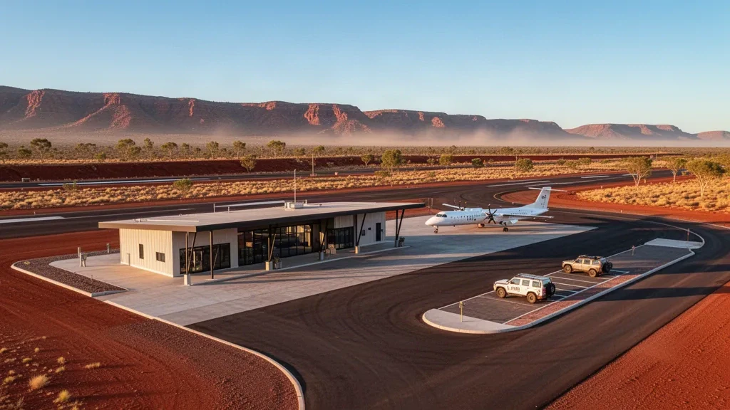 Modern remote mining airport terminal and apron at Boolgeeda in the Pilbara, with red earth and the Hamersley Range under clear outback light