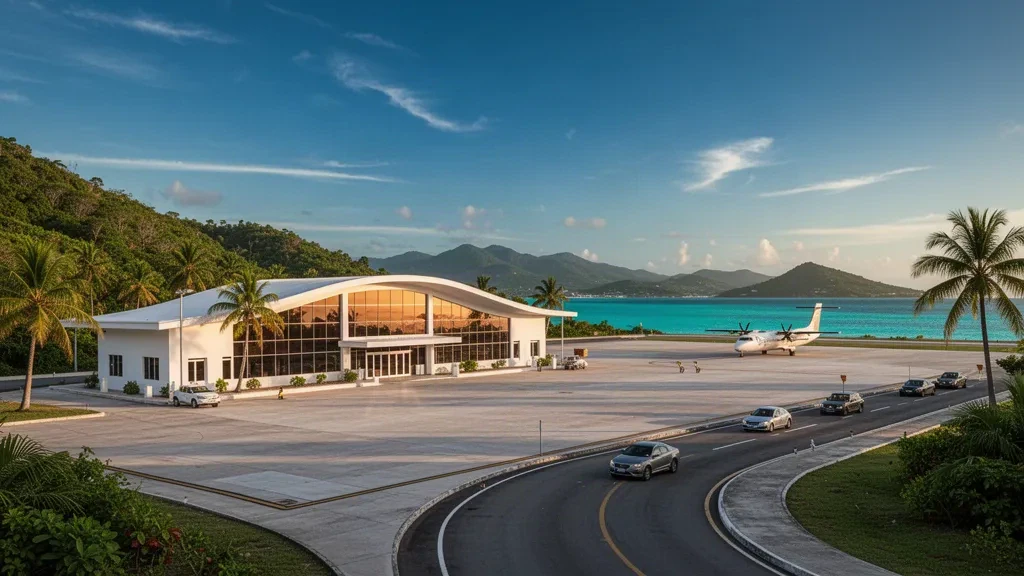 Terminal moderno in vetro e piazzale bordato di palme all'aeroporto Ian Fleming International vicino a Ocho Rios, in Giamaica, durante l'ora d'oro