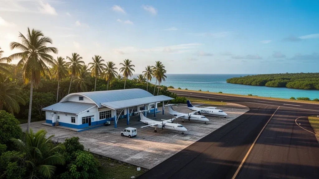 Terminal y plataforma del Aeropuerto Internacional de Corisco en la isla tropical de Guinea Ecuatorial, con palmeras, aeronaves pequeñas y horizonte oceánico a la hora dorada