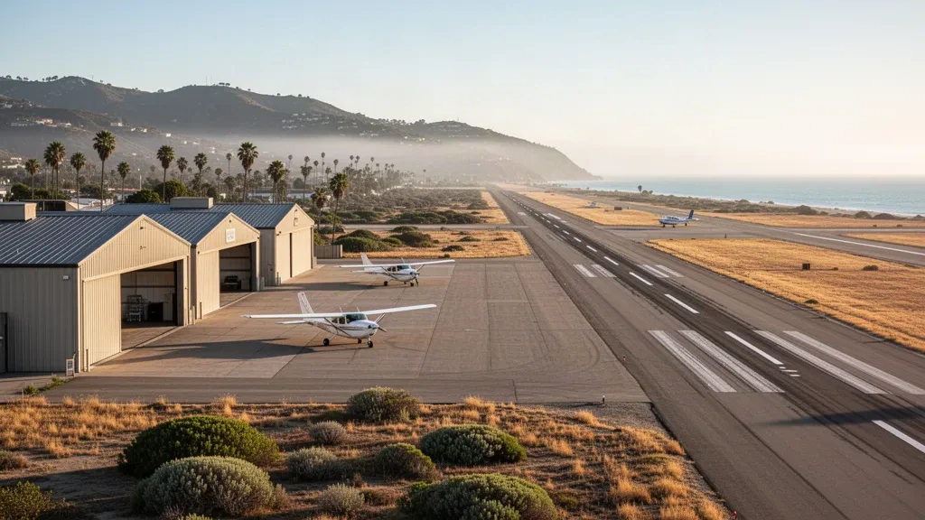 Petits avions et hangars bas le long de la piste de l'aéroport municipal d'Oceanside, avec les collines côtières de Californie sous une lumière dorée de fin d'après-midi
