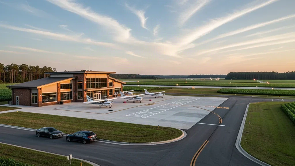 Blick zur goldenen Stunde auf das Terminal, das Vorfeld und Leichtflugzeuge des Warren Field Airport in Washington, North Carolina, mit klarem Raum für Hero-Overlays