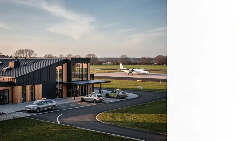 Modern low-rise terminal and quiet apron at Odense Hans Christian Andersen Airport in Denmark's flat Funen countryside