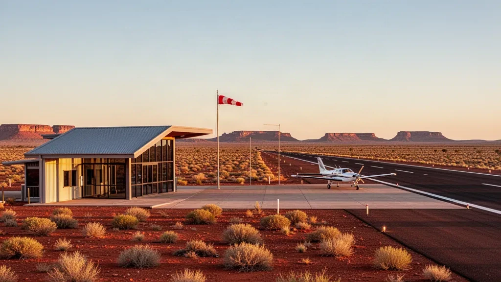 Une piste d'atterrissage isolée de l'outback à Oodnadatta, en Australie-Méridionale, avec un petit bâtiment terminal et une piste en terre rouge sous un ciel dégagé.