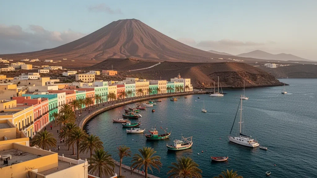 Colorato lungomare coloniale del porto di Mindelo sotto Monte Cara a São Vicente, Capo Verde, illuminato nell'ora d'oro.