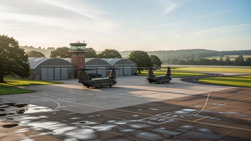 Base aérienne de RAF Odiham dans le Hampshire avec des hélicoptères de transport lourd sur le tarmac, des hangars et la piste à l'heure dorée
