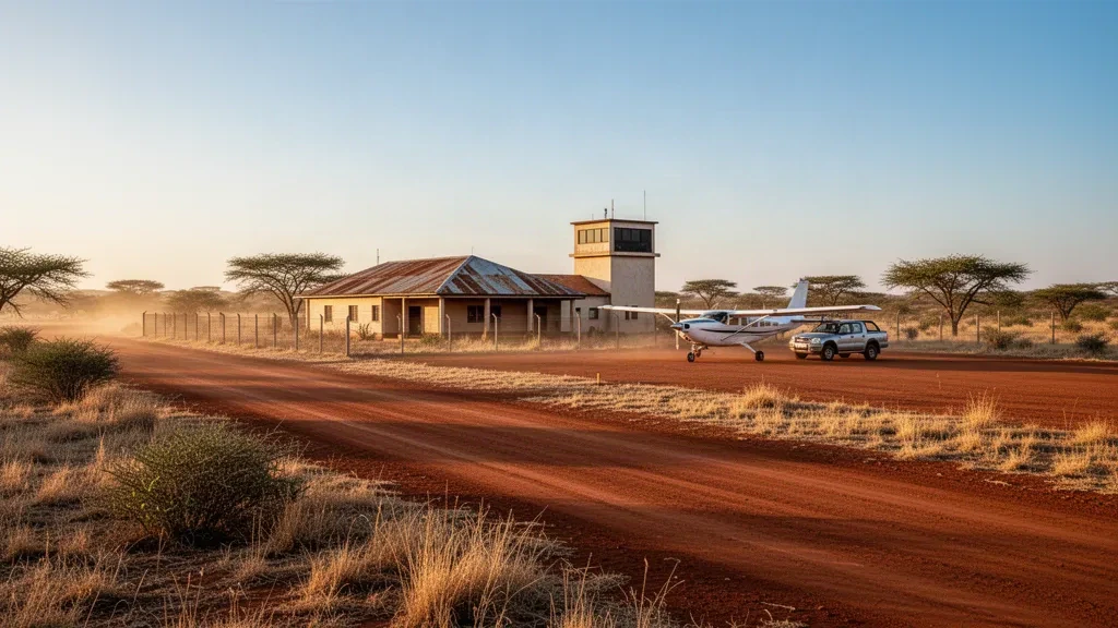 Small terminal and laterite runway at Ouanda Djallé Airport in the Central African savanna, framed by dry woodland in warm afternoon light.