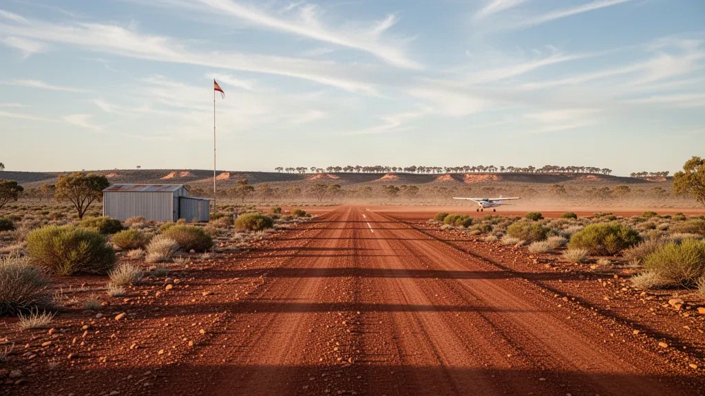 Piste en terre isolée de l'outback et vaste horizon désertique à l'aéroport de Cordillo Downs en Australie-Méridionale sous une chaude lumière dorée