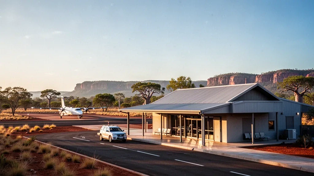 Pequeña terminal regional y plataforma en el aeropuerto de Ord River, en el Kimberley de Australia Occidental, rodeada de tierra roja y árboles durante la hora dorada