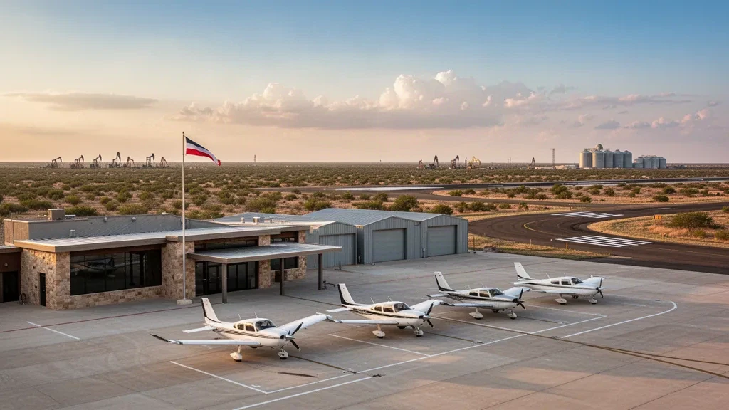 Golden-hour view of Odessa-Schlemeyer Field with single-engine aircraft on the ramp and hangars under a wide West Texas sky.