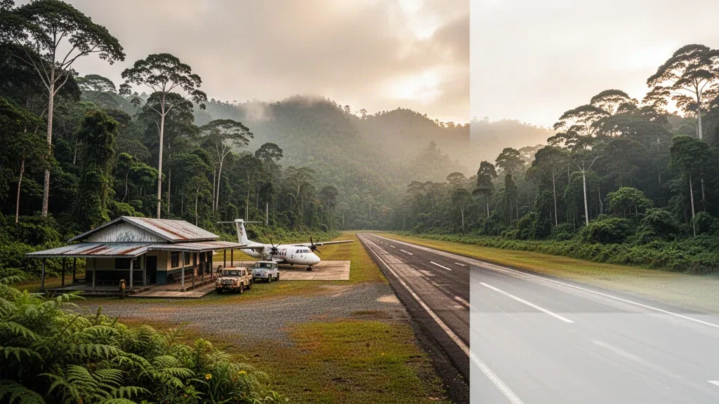 Abgelegene tropische Landebahn am Rand des Borneo-Regenwalds am Flughafen Long Seridan in Sarawak, Malaysia, mit einem kleinen Verkehrsflugzeug auf dem Vorfeld