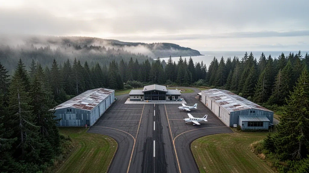 Small general aviation airfield and hangars at AJ Eisenberg Airport on Whidbey Island, Washington, ringed by evergreen forest