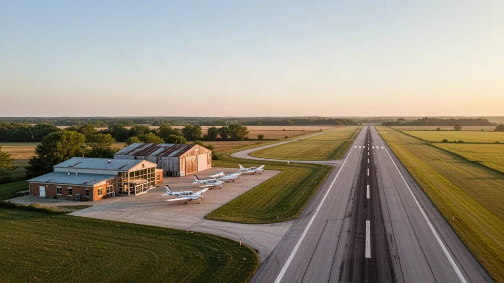 Small general aviation airfield at golden hour with a paved runway, hangars and light aircraft at O'Neal Airport near Lawrenceville, Illinois