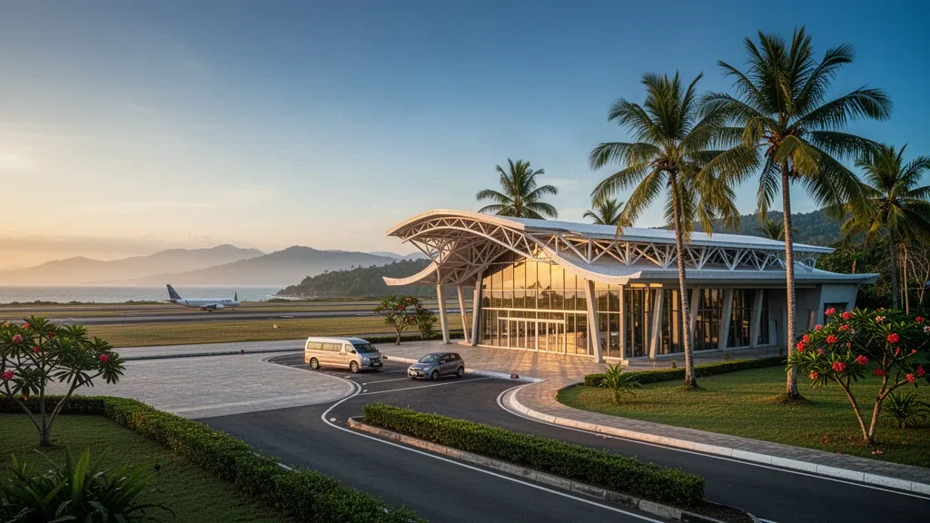 Vista a la hora dorada de la moderna terminal de vidrio en la Ruta del Sándalo del Aeropuerto de Oecusse en Timor-Leste, enmarcada por palmeras y colinas verdes
