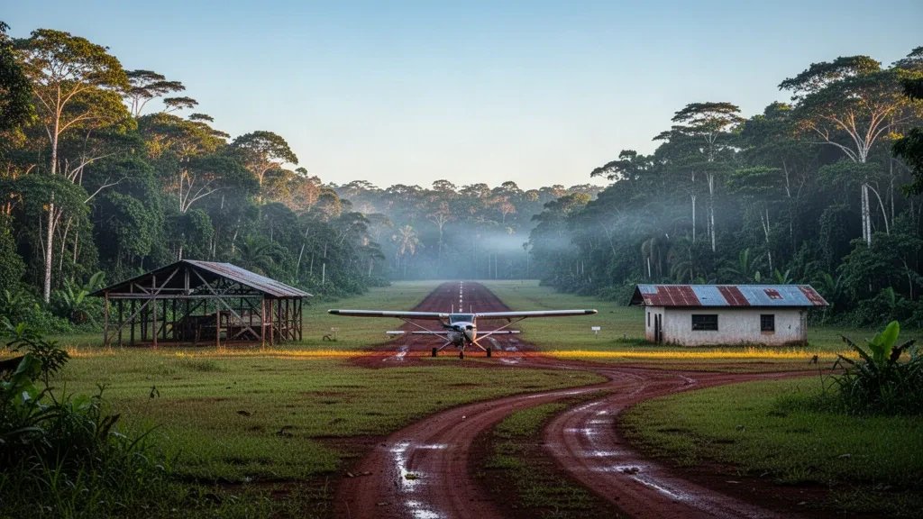 Pista di atterraggio remota nella foresta pluviale dell'aeroporto di Vincent Fayks a Paloemeu, Suriname, con fitta foresta tropicale, pista sterrata e un piccolo aereo leggero.