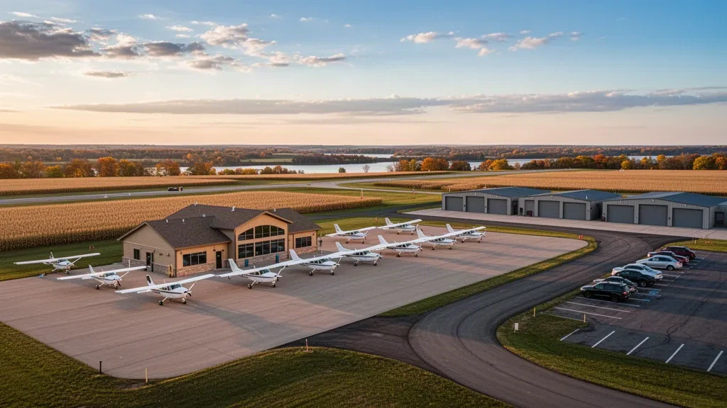 Wisconsin, Osceola'daki L O Simenstad Belediye Havalimanı'nda altın saat ışığıyla aydınlanan küçük tek motorlu uçak ve alçak terminal binası