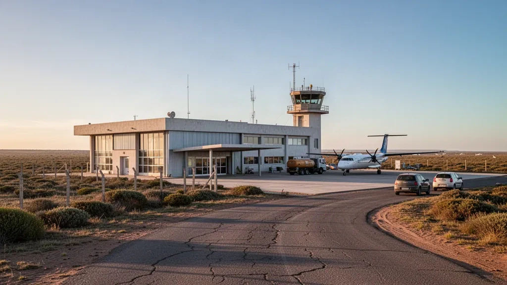 Flaches Terminalgebäude, Vorfeld und Kontrollturm am Flughafen Antoine de Saint-Exupéry in San Antonio Oeste, Patagonien, unter einem weiten Küstenhimmel