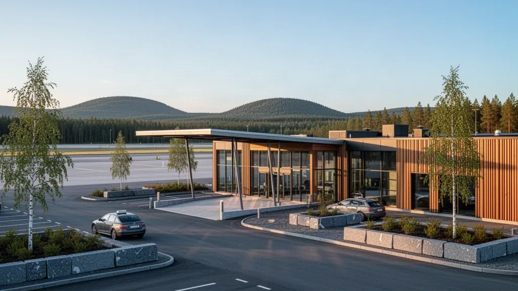 Modernes skandinavisches Terminal aus Glas und Holz mit Vorfahrt am Flughafen Örnsköldsvik in Schweden, umrahmt von Kiefernwald im goldenen Licht