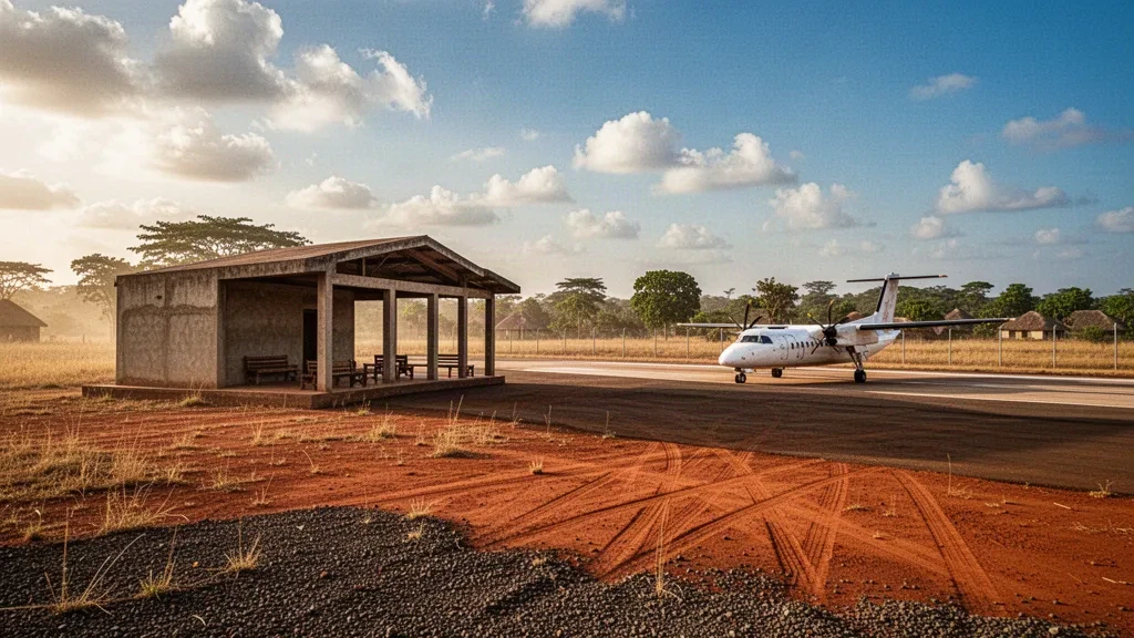 Pista de aterrizaje remota en la sabana y modesto edificio terminal del aeropuerto de Ouango Fitini, en el noreste de Côte d'Ivoire, a la hora dorada