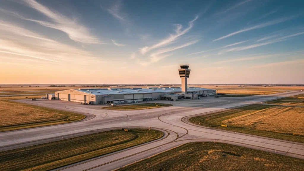 Vue à l'heure dorée du terrain d'aviation de la base aérienne d'Offutt dans le Nebraska, avec piste, hangars et tour de contrôle sous un ciel ouvert de prairie