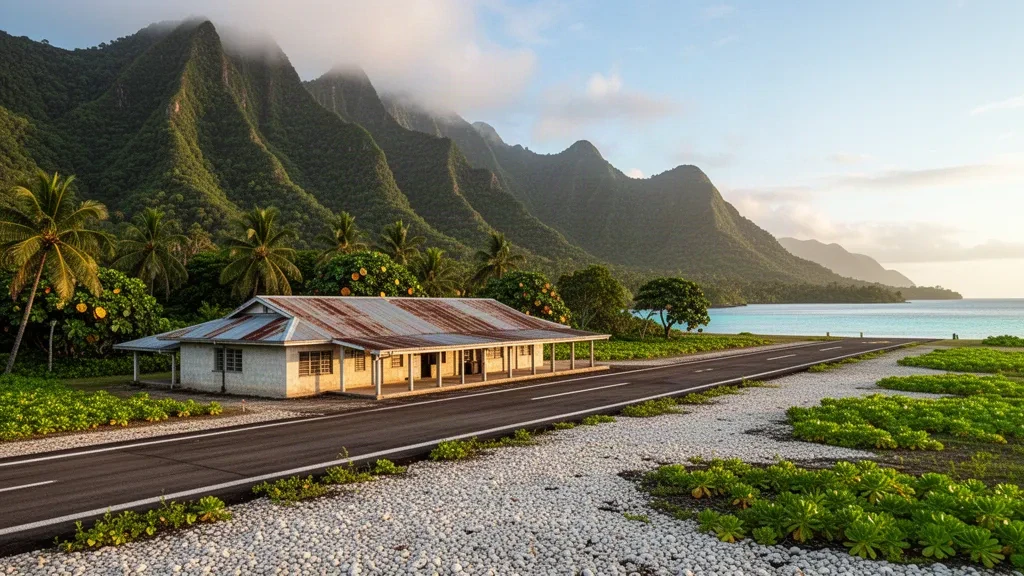 Terminal insular al aire libre y pista de aterrizaje en el Aeropuerto de Ofu, en las islas Manu'a de Samoa Americana, rodeados de picos de selva tropical y una laguna turquesa