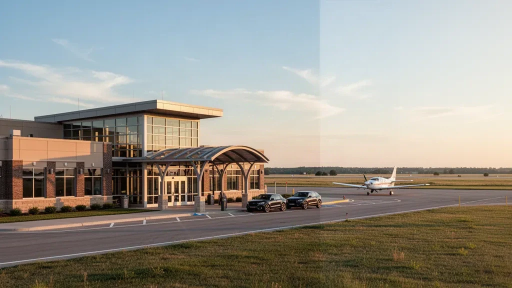 Norfolk, Nebraska'daki Karl Stefan Memorial Havaalanı'nda sıcak altın saat ışığı altında modern terminal girişi ve yolcu indirme şeridi.
