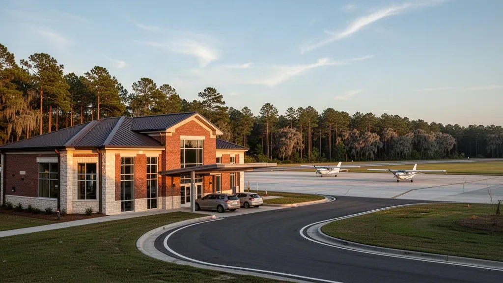 Low brick and glass general aviation terminal with apron, aircraft and pine tree line at Orangeburg Municipal Airport in South Carolina at golden hour