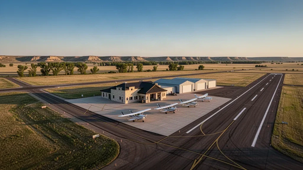 Searle Field in Ogallala, Nebraska, mit einer allgemeinen Luftfahrt-Rampe, Hangars, abgestellten Leichtflugzeugen und einer befestigten Start- und Landebahn unter weitem High-Plains-Himmel