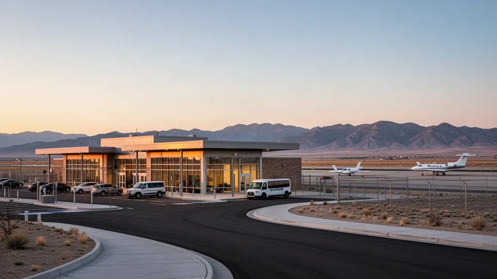 Exterior moderno de la terminal del aeropuerto Ogden-Hinckley en Utah con aeronaves en la plataforma y montañas distant al atardecer