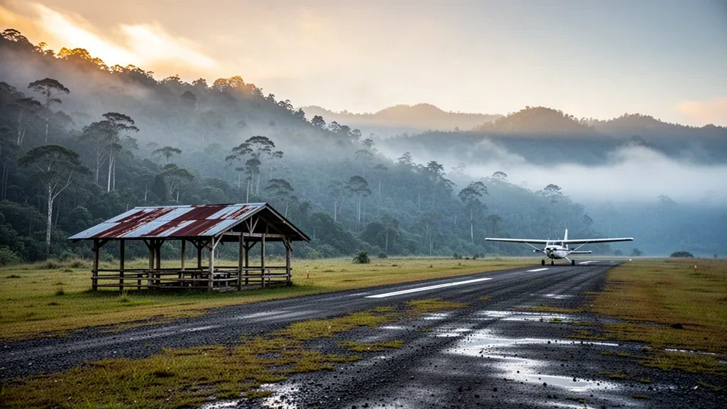 Abgelegene Bergpiste mit nebligen Regenwaldgraten bei Sonnenaufgang am Flughafen Ogeranang im Hochland von Papua-Neuguinea