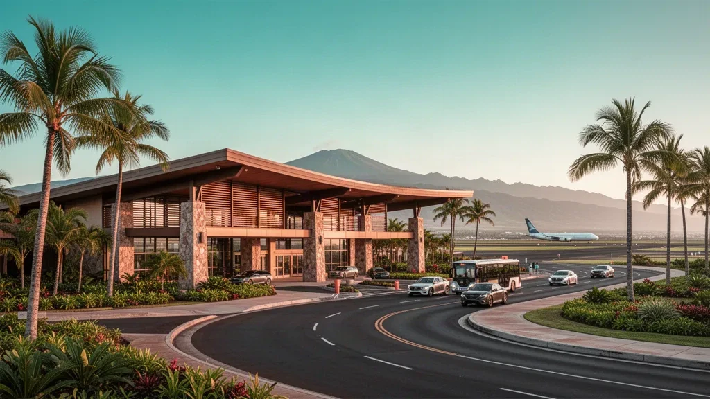 Offenes Terminal und von Palmen gesäumte Zufahrtsstraße am Kahului Airport auf Maui, Hawaii, mit Bergen am Horizont zur goldenen Stunde