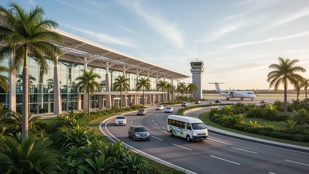 Guyana'daki Eugene F. Correia Uluslararası Havalimanı'nda altın saatlerde modern cam terminal ve tropikal indirme şeridi